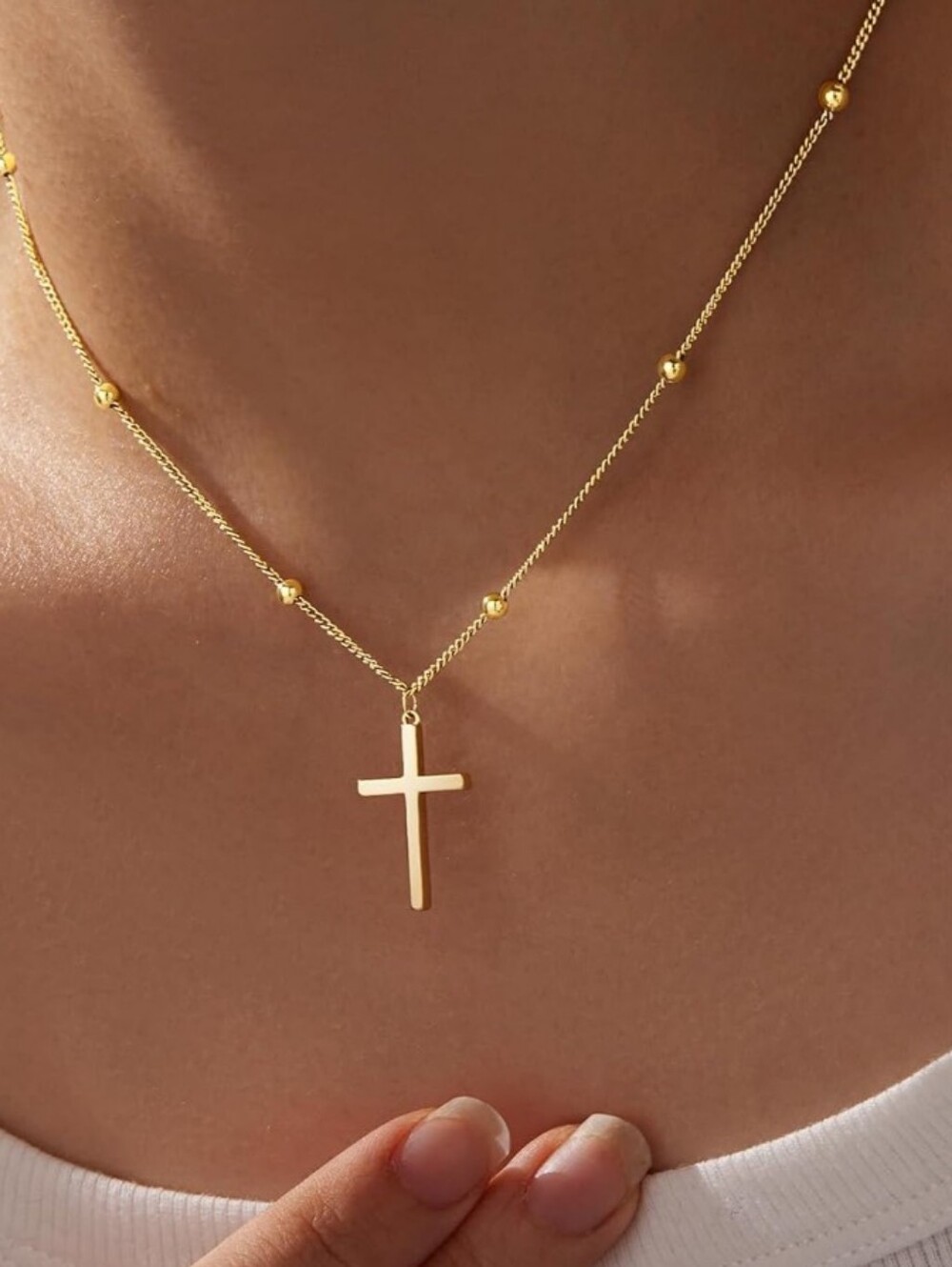 Gold Cross Pendant Bead Station Necklace - Women